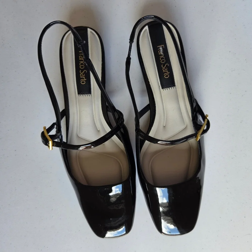 Franco Sarto L-Destin Black Patent Slingback Mary Jane Square Toe Pumps 7.5M
